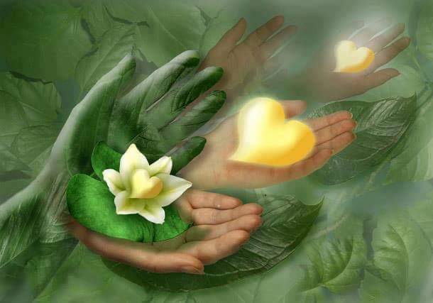 An artificial image of hands holding yellow flowers in the shape of hands