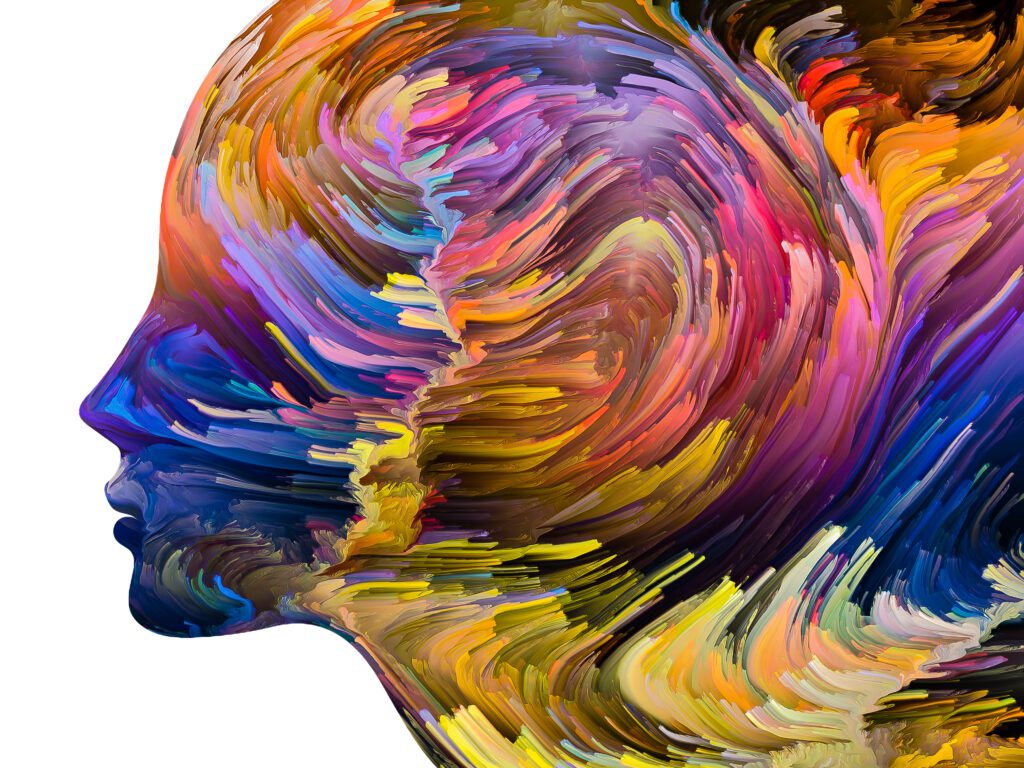 Colorful abstract painting of a human profile.