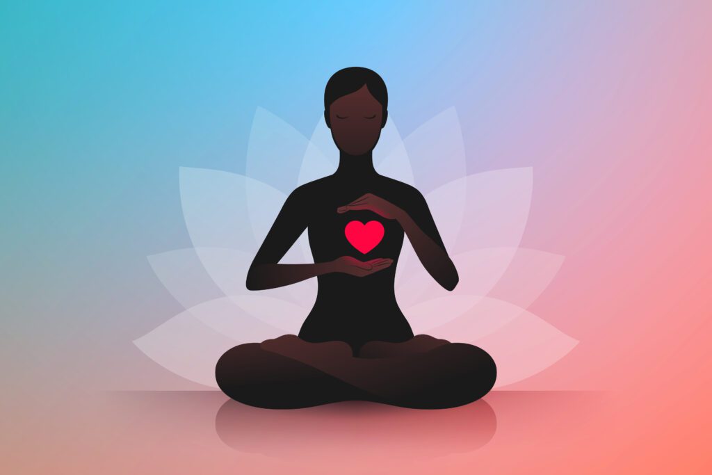 Person meditating with heart, lotus background.