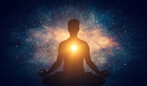 Silhouette meditating with glowing heart, starry background.