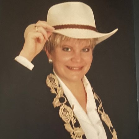 a woman with a white hat